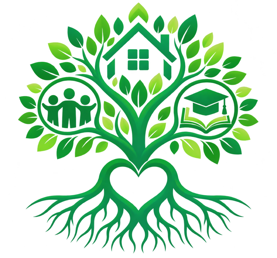 Fountain C.A.R.E.S. emblem: a tree with roots shaped like a heart, branches holding a home, and circles representing family and education